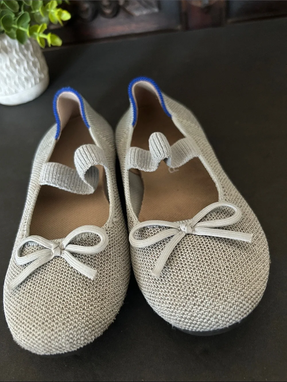 Rothy's Kids Beige Knit Mary Jane Flats with Blue Trim
